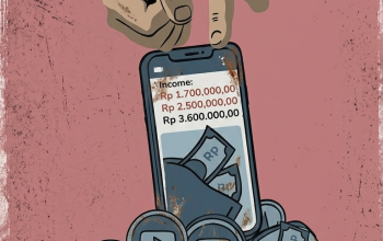 : Ilustrasi bergaya minimalist continuous line art yang menampilkan siluet pemuda memegang gadget dengan elemen simbol perpajakan di sekitarnya.