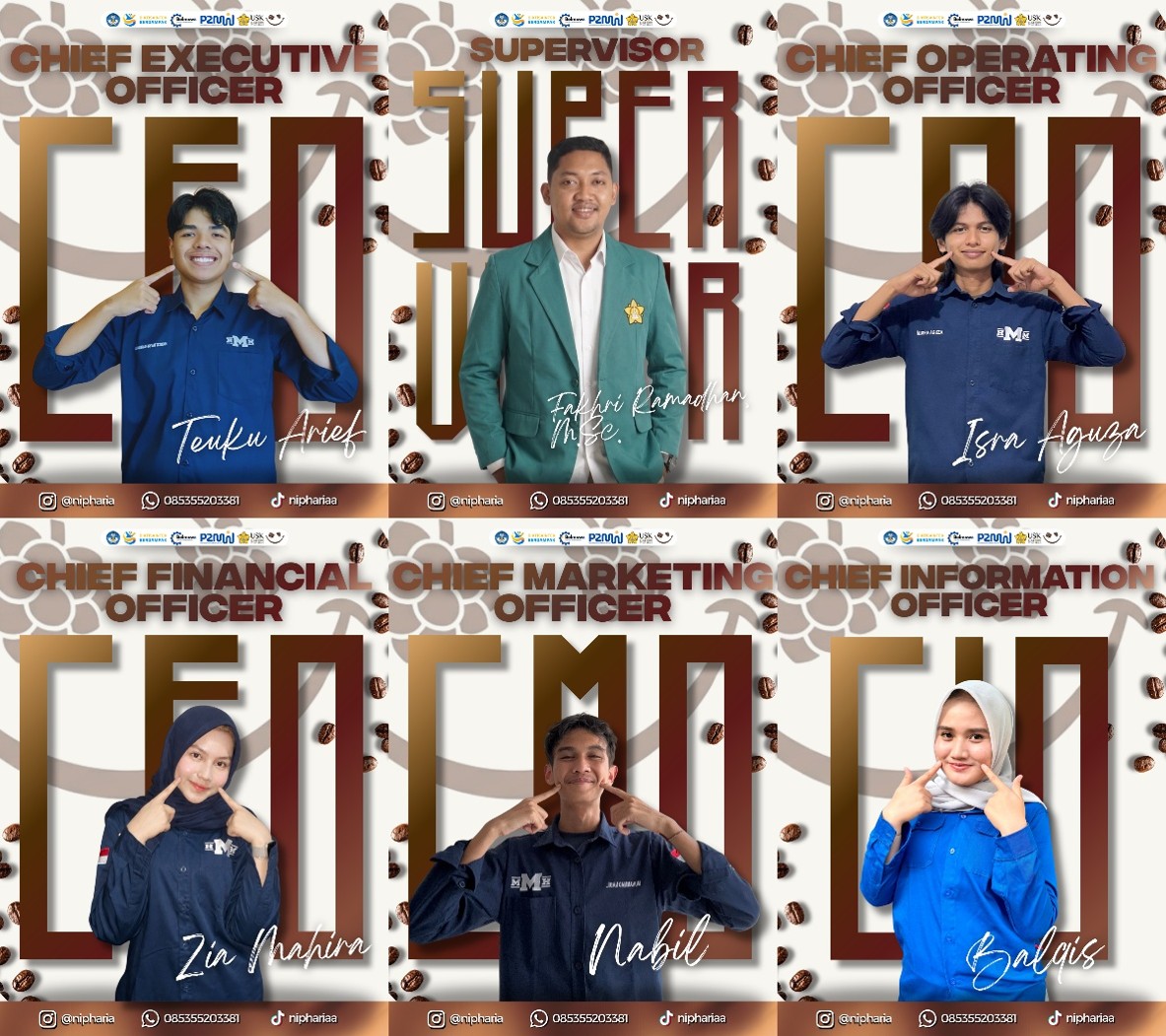 Susunan tim Nipharia: Teuku Arief Kamilussyifak memimpin sebagai CEO, didukung oleh Zia Mahira (CFO), Muhammad Nabil (CMO), Muhammad Isra Aguza (COO), serta Balqis Nabilah Putri (CIO) dari prodi Teknologi Hasil Pertanian.